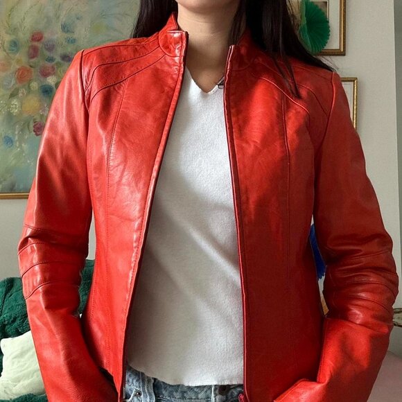 Vintage Burnt Red Leather Zip-Up Jacket - Picture 5 of 6